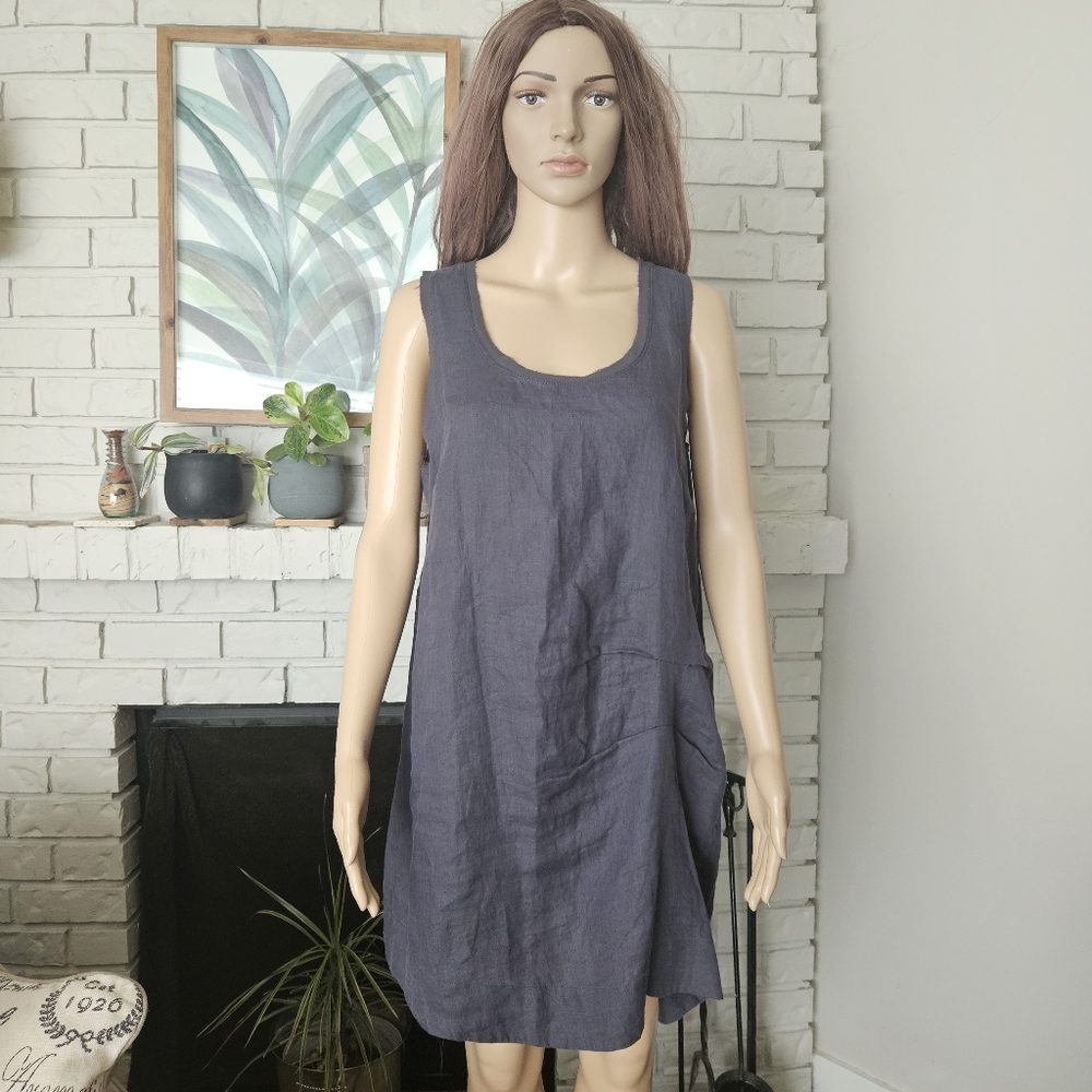 Lauren Vidal linen dress Medium gray midi sleeveless